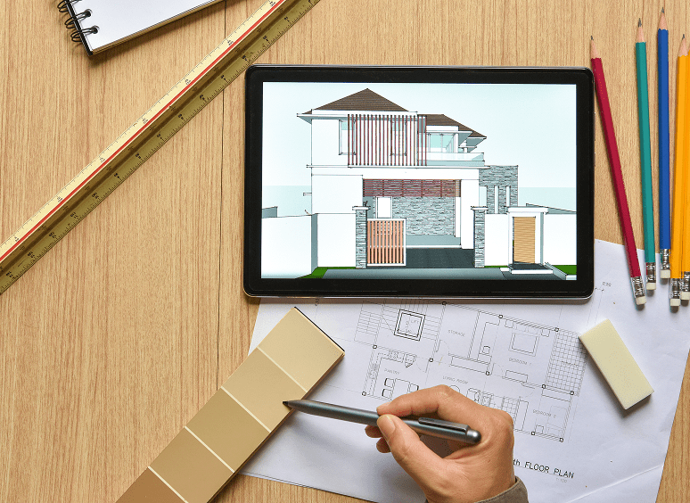 Modern house blueprint with color samples