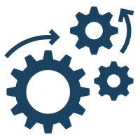 Three interconnected gears and arrows diagram