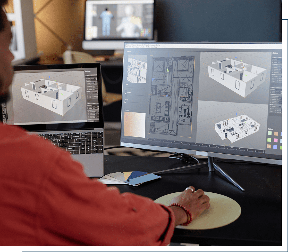 Person designing 3D floor plans on computer