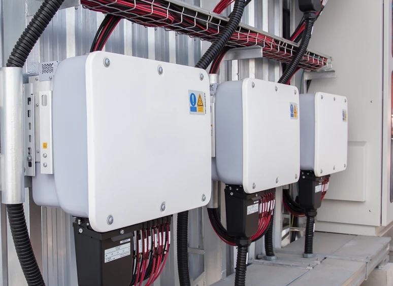 Industrial electrical boxes on metal wall