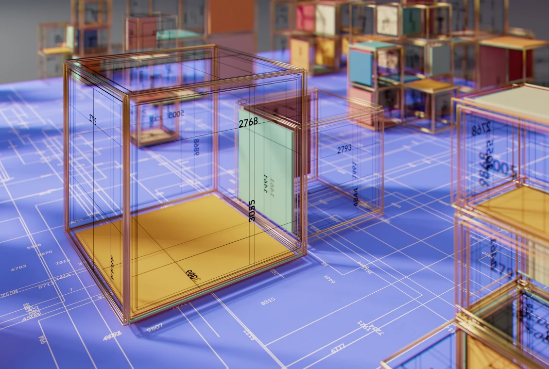 Geometric cubes on blue architectural plans