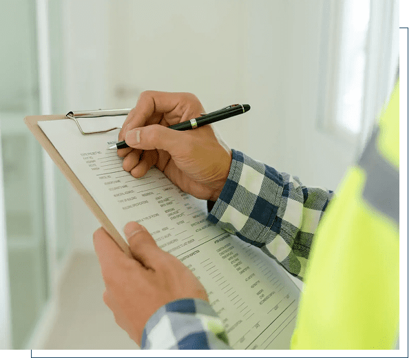 Person filling out a checklist on a clipboard.