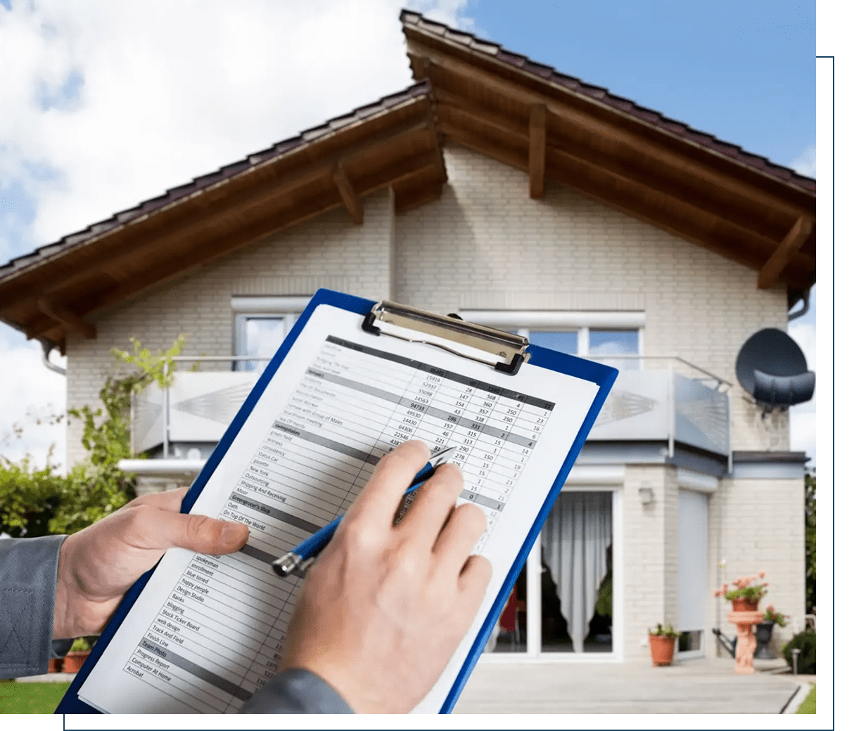 Person filling out a form on a clipboard outside a house.